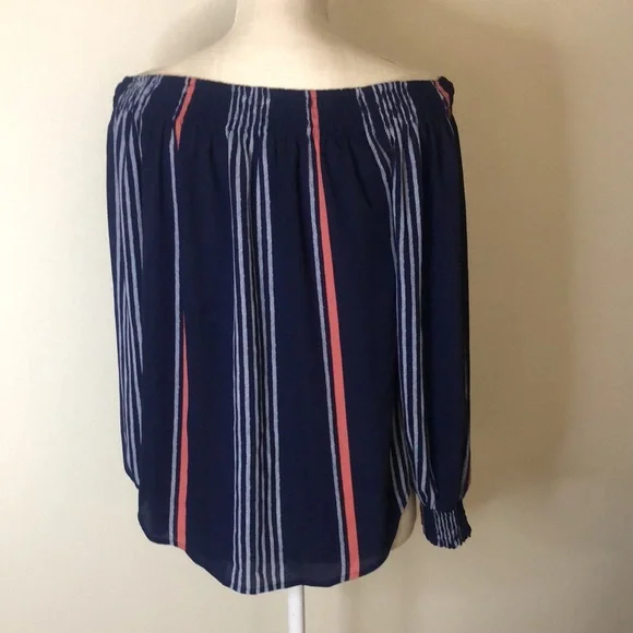 Navy blue, white and coral stripe off the shoulder blouse. - Picture 3 of 6